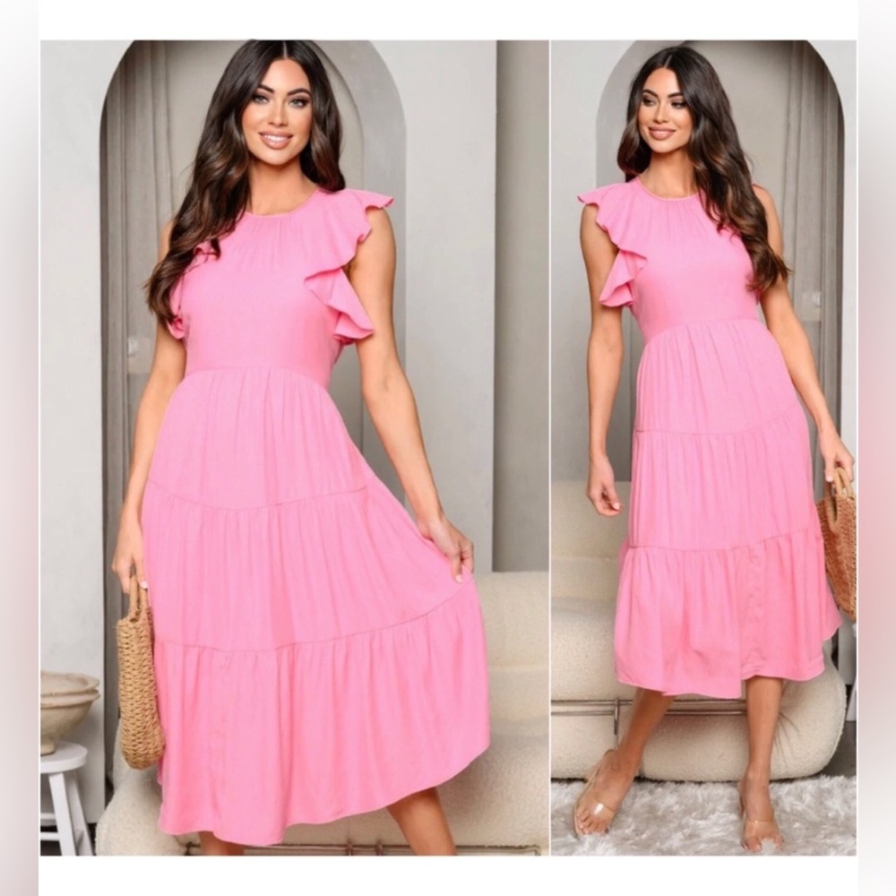 Flutter Ruffle Sleeve Modest Mid/Ankle Barbie Pink Spring Summer Dress